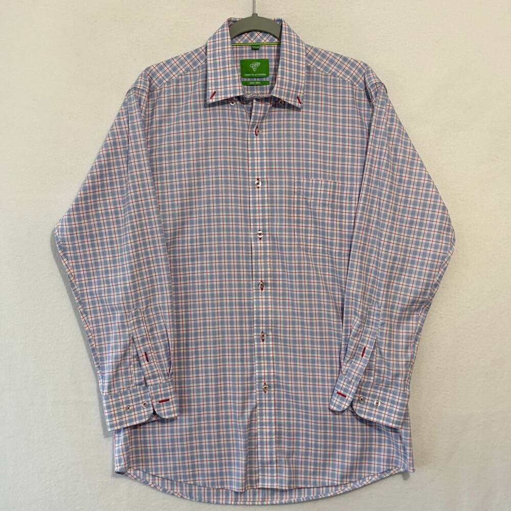 Forsyth Of Canada Shirt Mens M Blue White Red Button Up Non Iron 100% Cotton